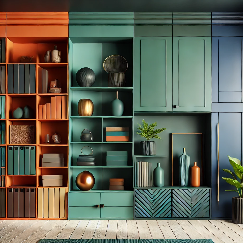 Dall·e 2025 01 15 22.30.27 A Stylish, Modern Interior Space Featuring Saturated Paint Colors. The Room Showcases Deep, Rich Hues Such As Emerald Green, Navy Blue, And Burnt Oran