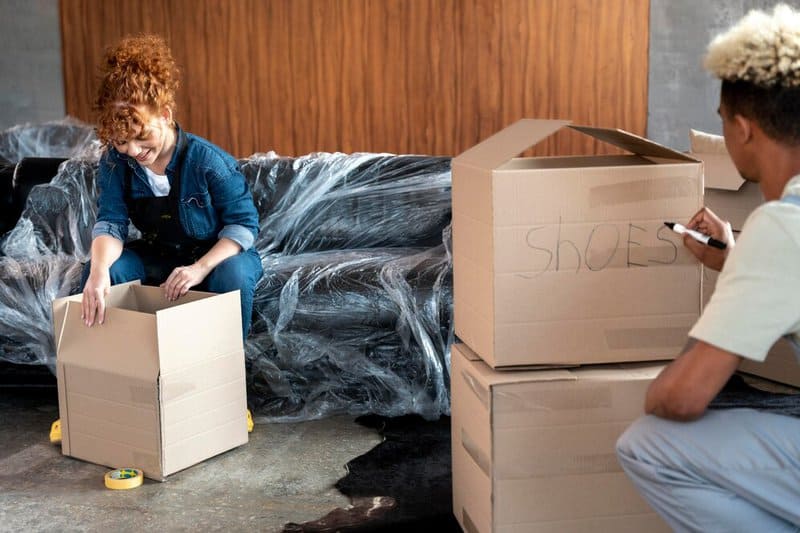 Couple With Cardboard Boxes Their New Home 23 2149086870