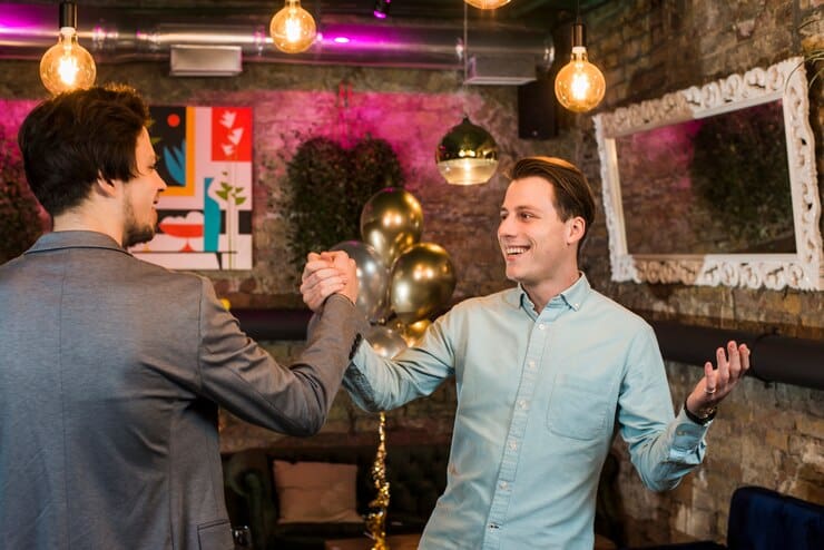 Old Friends Greeting Each Other Bar 23 2148037545