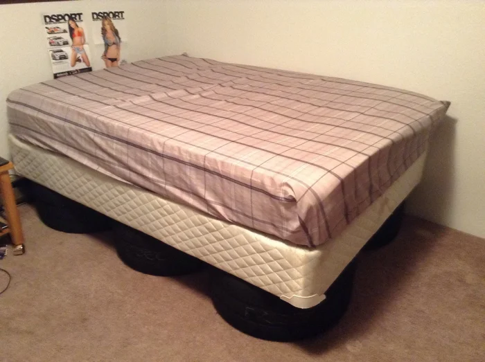 Voila You Now Can Position The Box Spring And Then Mattress Over The Tires You May Have To Adjust The Tires If Bed Squeaks Us