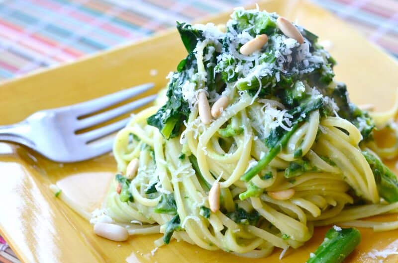 Linguini with creamy avocado pesto sauce pine nuts and broccolli rabe e1328552337473